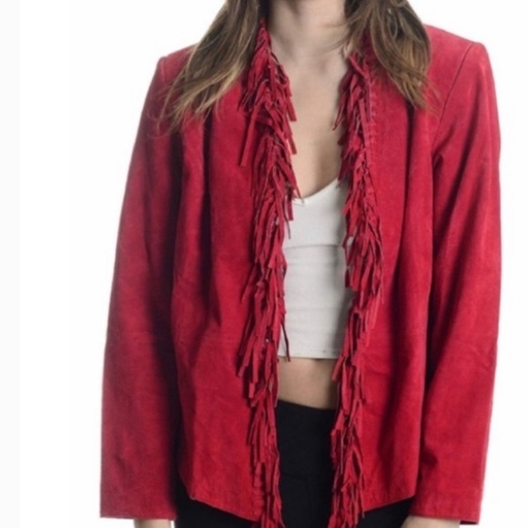 Leather Suede Fringe jacket, Red, women’s Large - Picture 1 of 11